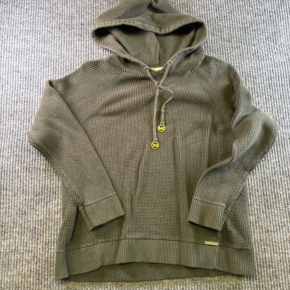 Michael Kors Waffle Knit Hoodie Womens‎ Large Green Pullover Cotton Blend